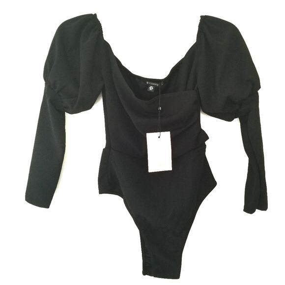 Missguided Milkmaid Bodysuit Top - Black Size 4 NWT Balloon Sleeve Wide Neck XS - Picture 1 of 10